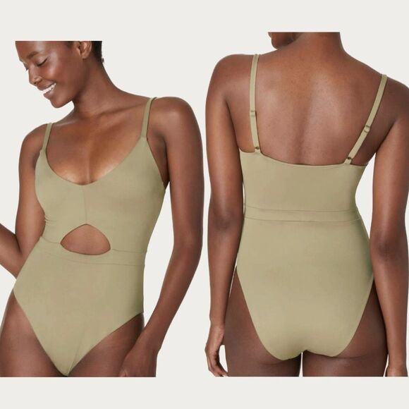 Andie Other - Andie Swim The Samoa One Piece Swimsuit in Olive Tan Cutout Keyhole Size L NWT
